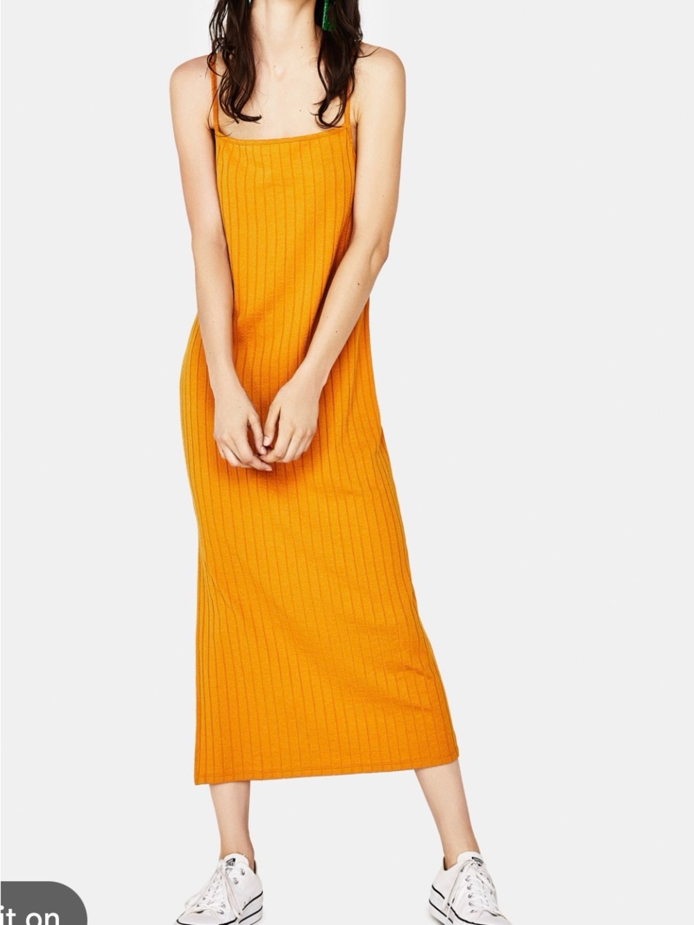 Bershka Ribbed Slip Midi Dress in Mustard